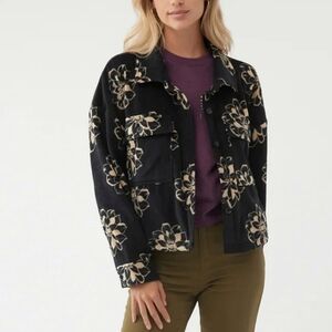 O'Neill Colleen Black Floral Crop Superfleece Sherpa Jacket Shacket SZ Large